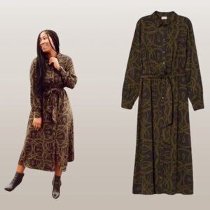 Richard Allan x H&M NWOT Women's Shirt Midi Dress Size 4 Brow/ Green Printed